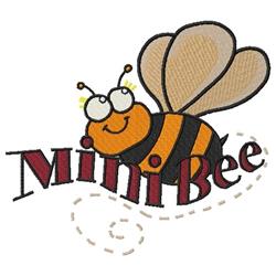 Playful bee with orange and black stripes and beige wings, featuring 'Mini Bee' text and a dotted line.
