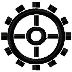 Geometric circulating wheel design featuring a black circle, central hub, and symmetrical spokes.