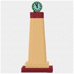 Playful clock tower design featuring a green clock, beige structure, and maroon trim, perfect for whimsical decor.