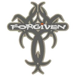 Cross design featuring 'FORGIVEN' in bold lettering, intricate swirling patterns, and a modern edgy style.