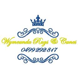 Elegant text-based design featuring a crown and ornate swirls, with 'Wymeunda Rugs & Canes' in bright yellow and blue.
