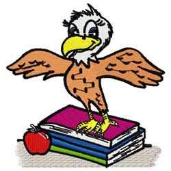 Cartoon eagle perched on colorful books, wings spread, playful expression, with an apple nearby.