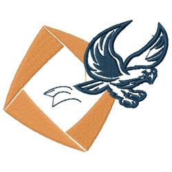 Bold eagle in dark blue soaring over an orange envelope, perfect for sports branding.