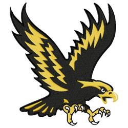 Stylized eagle in dynamic flight with outstretched wings and sharp claws, featuring bold black and yellow colors.