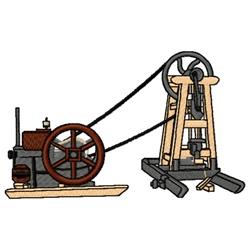 Vintage engine with a large brown wheel, charming wooden parts, and visible pulleys in a playful style.