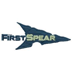 Stylized arrow in dark blue with 'FirstSpear' text in a bright hue. Bold and minimalist design.