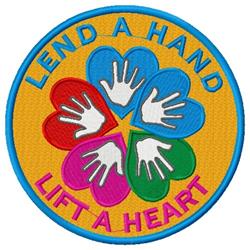 Colorful patch featuring hands in vibrant hearts on yellow background with 'LEND A HAND' text in playful font.