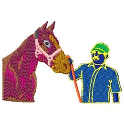 Vibrant horse with a pink bridle, alongside a person in blue with a green cap and sunglasses, showcasing dynamic contrast.