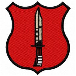 Bold graphic shield with a knife, set against a striking red background and black outline.