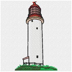 Colorful lighthouse with a white tower and red roof, surrounded by green grass in a vibrant coastal scene.