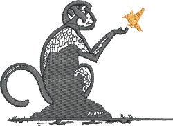 Playful monkey reaching for a bright orange bird, detailed outlines, contemporary design.