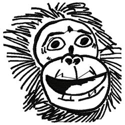Cheerful monkey head with bold outlines, spiky hair, and a large smile in a playful cartoonish style.