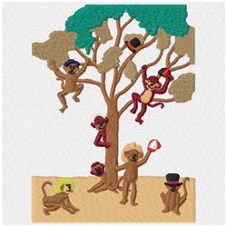 Playful monkeys wearing colorful hats dangle from a vibrant tree, perfect for cheerful children's decor.