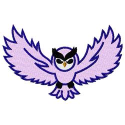 Playful owl applique with purple feathers, fluffy wings, and a striking white face, perfect for vibrant decor.