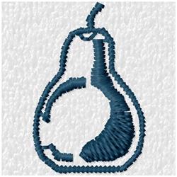 Stylized pear shape with dark blue stitch detail on a textured white background, minimalistic design.