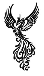 Elegant phoenix in black with intricate feathers and swirling flames showcasing movement and grace.