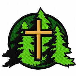 Bold yellow cross surrounded by stylized green pine trees on a dark circular background, perfect for religious decor.
