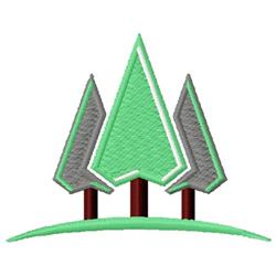 Three stylized pine trees in green and gray atop a curved green base, showcasing a modern, minimalist design.