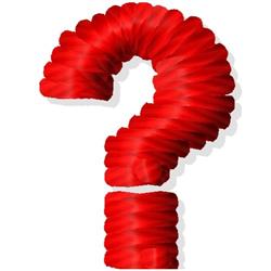Bold question mark made of vibrant twisted red strands with a glossy finish, perfect for playful textile designs.
