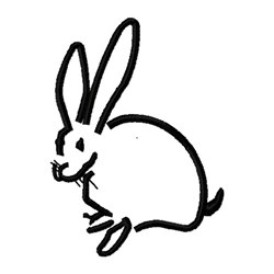 Minimalist line art rabbit with large ears and rounded body, outlined in black for playful appeal.
