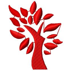 Abstract tree with a bold red trunk and vibrant red leaves, styled in minimalistic design.