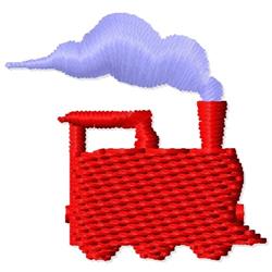 Playful steam train crafted in applique style features a bright red color with whimsical purple smoke.
