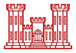Redwork castle featuring two tall towers, an arched entrance, and central steps, outlined in red on a white background.