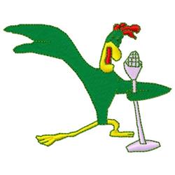 Cartoon rooster with a vibrant green body and red comb, playfully holding a microphone, perfect for fun embroidery.
