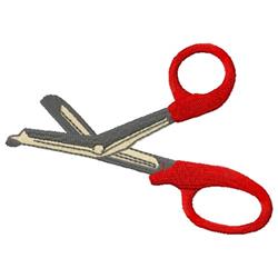 A pair of colorful scissors with vibrant red handles and metal blades, presented in a realistic style.