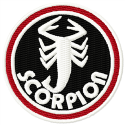 Bold graphic scorpion patch featuring a striking white scorpion, black background, and red border. Ideal for edgy embroidery.