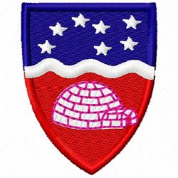 Applique shield emblem featuring a colorful igloo with white stars, a blue background, and a red field.