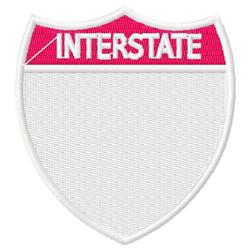 Shield shape patch with bold pink top featuring 'INTERSTATE' in white on a clean white background.