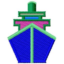 Colorful ship in blue with playful green and pink accents, featuring a geometric design for children's themes.