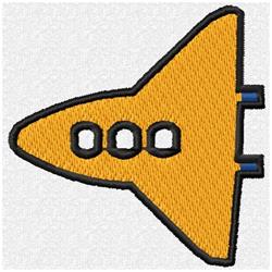 Stylized space shuttle in vibrant yellow with black outline and circular windows. Playful, cartoonish design.