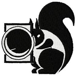 Stylized squirrel in graphic black and white, playfully leaning against a circular frame.