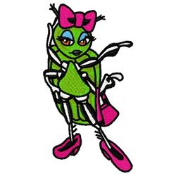 Stylized bug character with a pink bow, large eyes, and fashionable accessories in a colorful cartoon style.