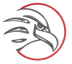 Stylized eagle head in modern gray tones with sharp lines, enclosed in a bold red circular outline.