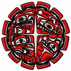 Circular design featuring bold, stylized faces in red and black, set against a white background, ideal for cultural embroider