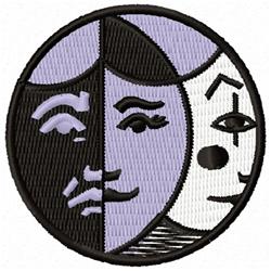 Two stylized faces on an embroidery patch, one side in black and light purple, the other a whimsical clown-like design.