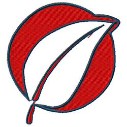 Stylized white leaf at the center of a bold red circle with blue outline in geometric design.