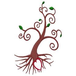 Whimsical stylized tree with swirling branches, vibrant green leaves, and heart-shaped roots in a quilting design.