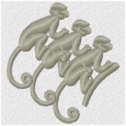 Three playful monkeys with curly tails on a muted gray background, styled in a whimsical design.