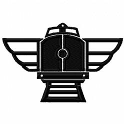 Bold graphic design of a train engine with large wings and circular details, perfect for machine embroidery.