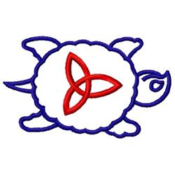 Redwork turtle design with blue outline and red decorative shell on a white background.