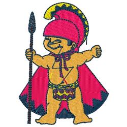 Cheerful child in a warrior outfit with a pink helmet and flowing cape, holding a spear, in a vibrant cartoon style.