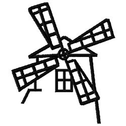 Minimalist windmill with a steep roof and four prominent blades, embodying simple architectural charm.
