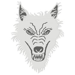 Bold wolf face with sharp features and intense expression, showcasing intricate fur details in graphic style.