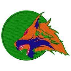 Bold orange wolf head with intricate fur details, vibrant blue accents on a green circular background.