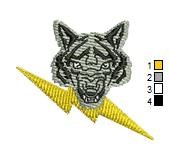 Bold wolf head in gray and black tones with strong features and a vibrant yellow lightning bolt below.