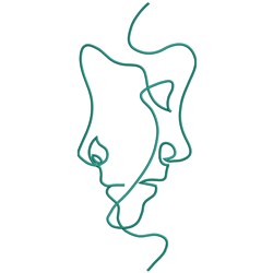 Minimalistic abstract representation of two human faces intertwined in teal lines on a white background.